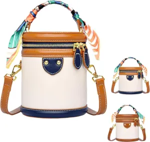 Colorblock Bucket Bag For Women, 2025 New Summer Design Cylinder Bag, PU Leather Crossbody Bag
