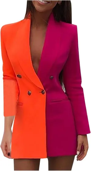 Colorblock Casual Long Suits Jackets Turn Down Collar Double Breasted OL Work Bodycon Blazer Dress