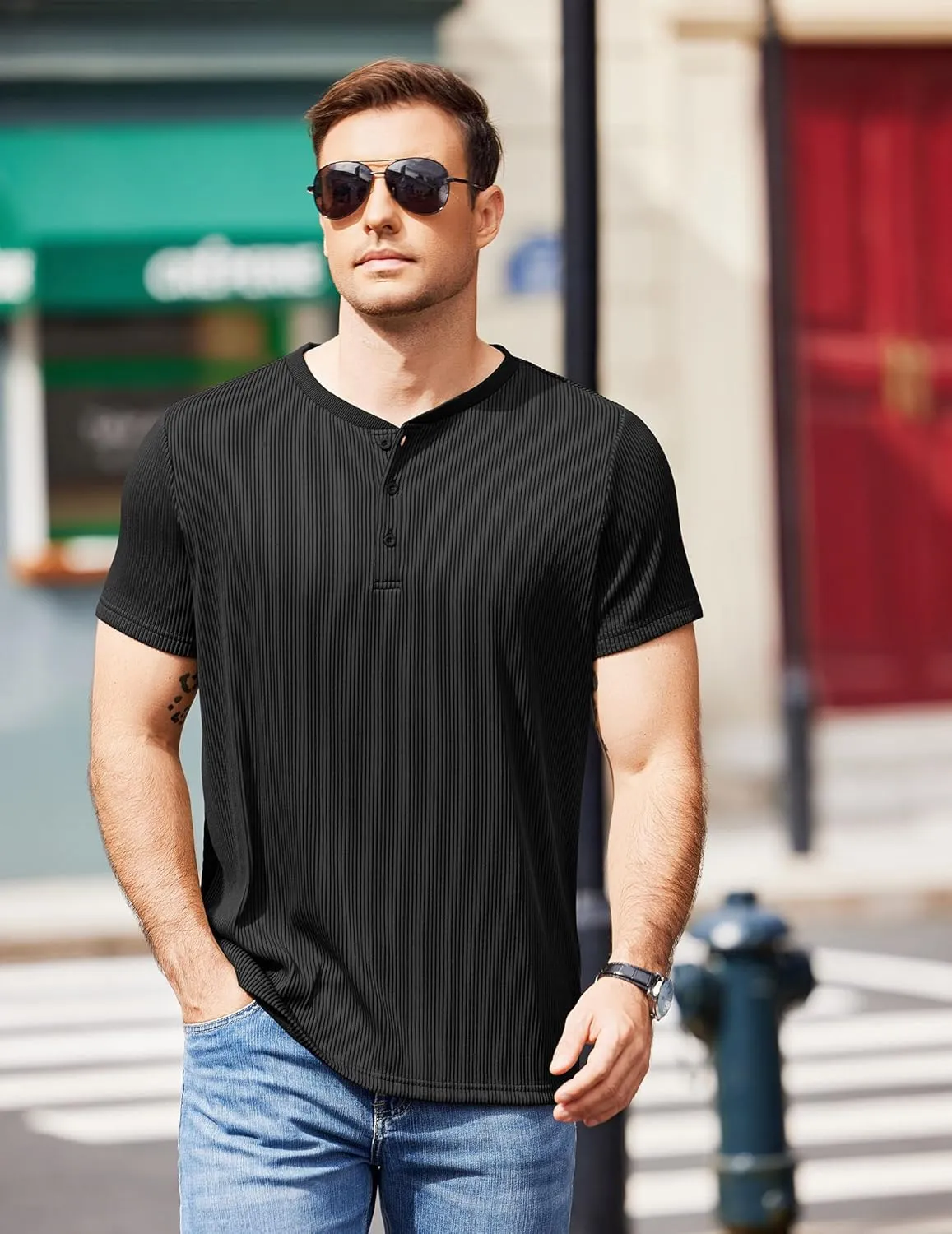 COOFANDY Men's Henley Shirts Short Sleeve Casual Tee Summer Button Henley Soild T Shirts