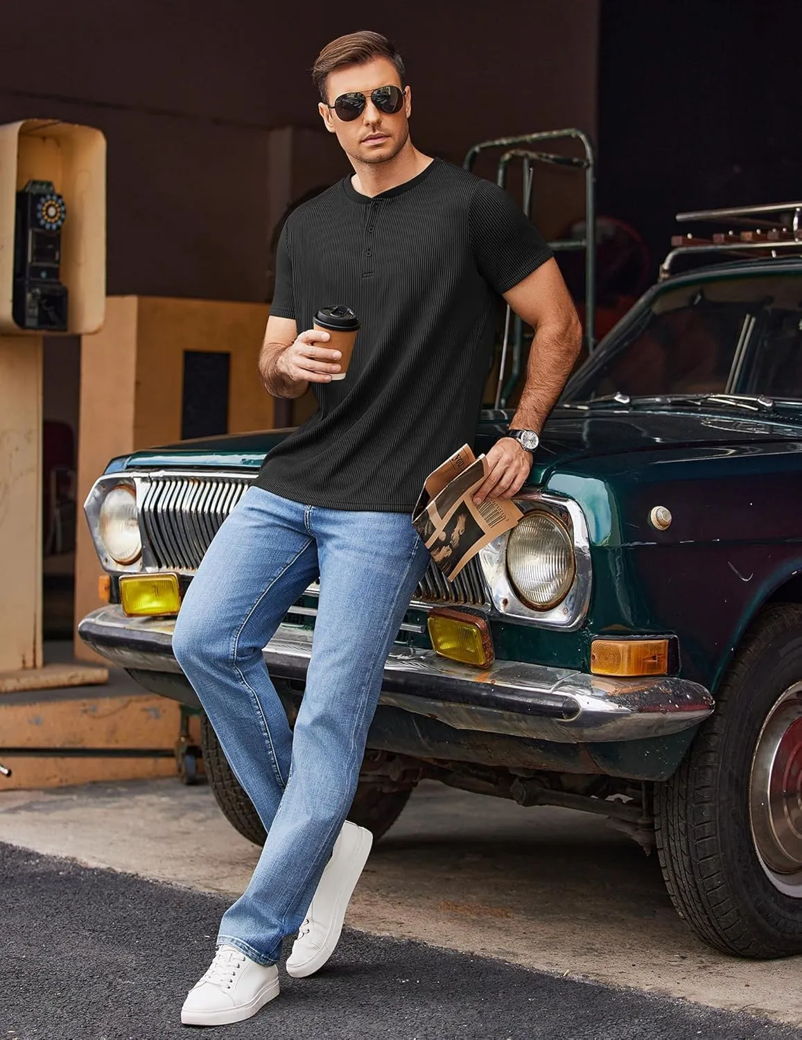 COOFANDY Men's Henley Shirts Short Sleeve Casual Tee Summer Button Henley Soild T Shirts