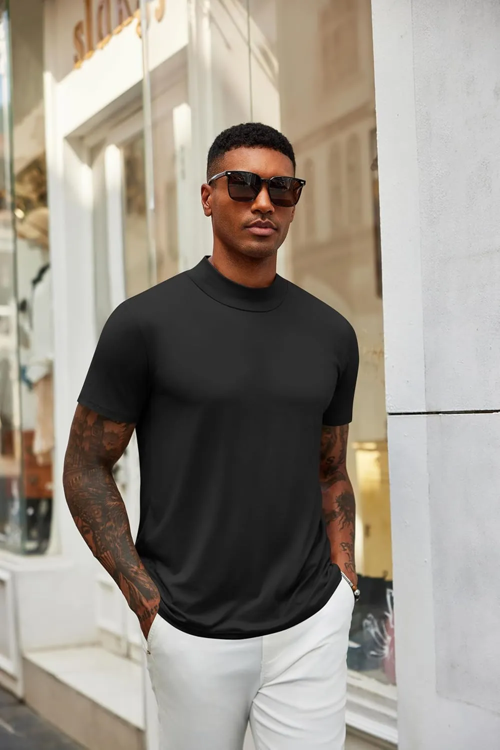 COOFANDY Men's Mock Turtleneck T Shirt Short Sleeve Slim Fit Basic Casual Undershirt Solid Color Pullover Tee