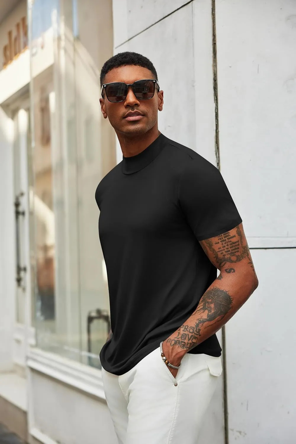 COOFANDY Men's Mock Turtleneck T Shirt Short Sleeve Slim Fit Basic Casual Undershirt Solid Color Pullover Tee