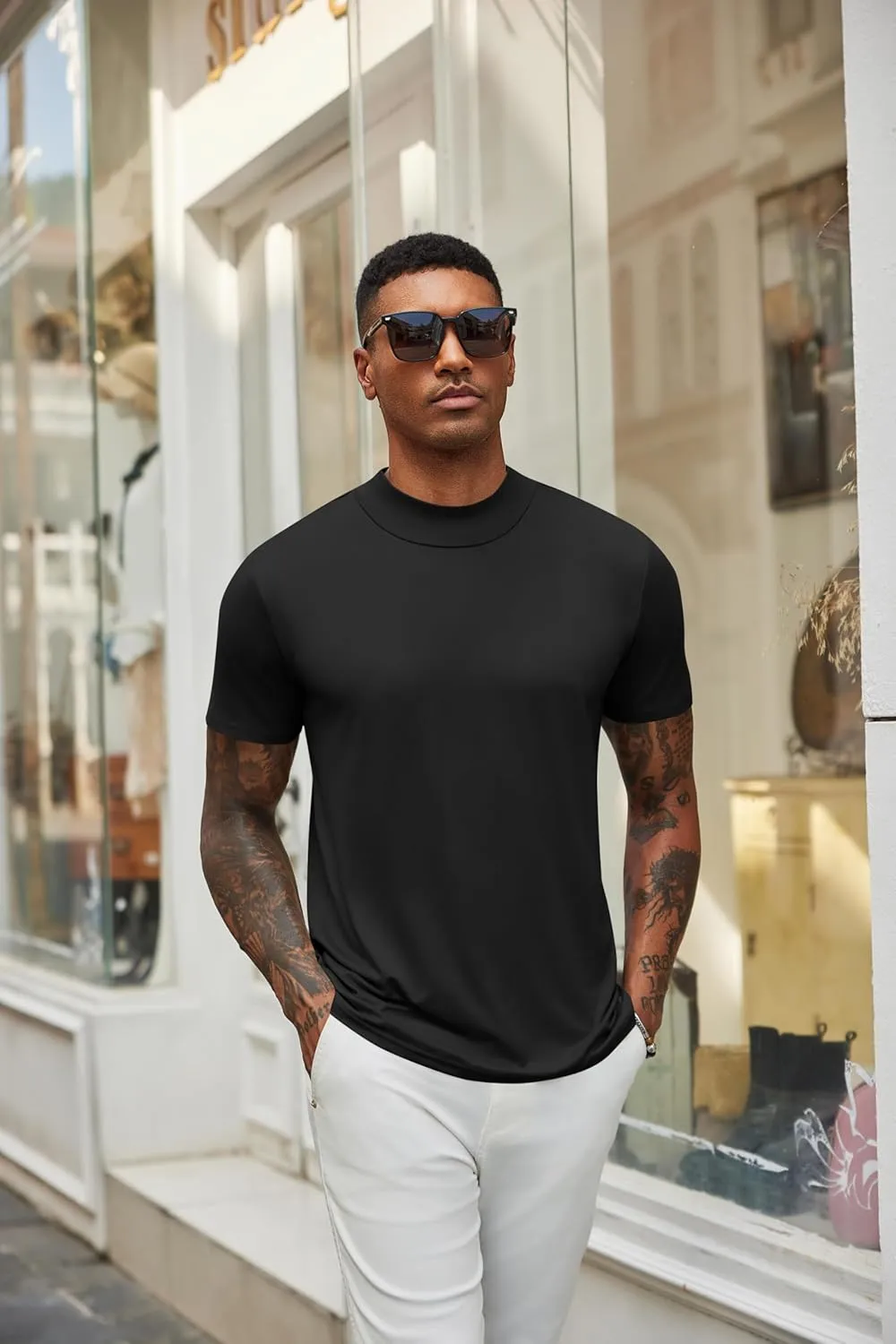 COOFANDY Men's Mock Turtleneck T Shirt Short Sleeve Slim Fit Basic Casual Undershirt Solid Color Pullover Tee