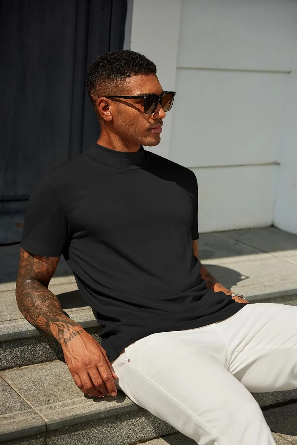 COOFANDY Men's Mock Turtleneck T Shirt Short Sleeve Slim Fit Basic Casual Undershirt Solid Color Pullover Tee