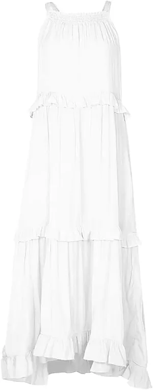 Costaric Womens Summer Halter Neck Sleeveless Maxi Dress Pleated Tiered Flowy Sundress Irregular Hem Sundress Beach Dress