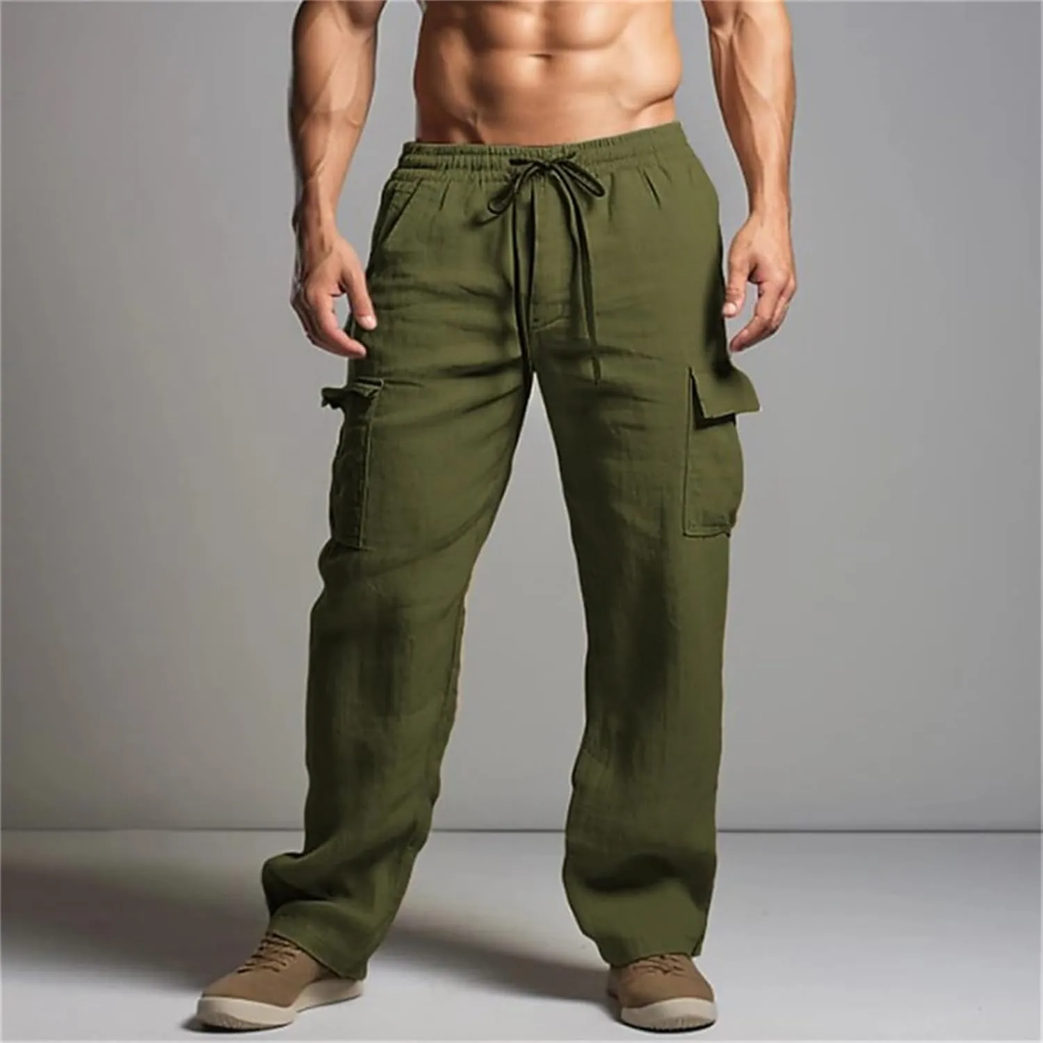 Cotton Linen Pants for Men Casual Elastic Drawstring Cargo Pants Lightweight Open Bottom Thin Trousers with Pockets