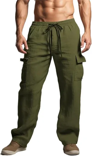 Cotton Linen Pants for Men Casual Elastic Drawstring Cargo Pants Lightweight Open Bottom Thin Trousers with Pockets