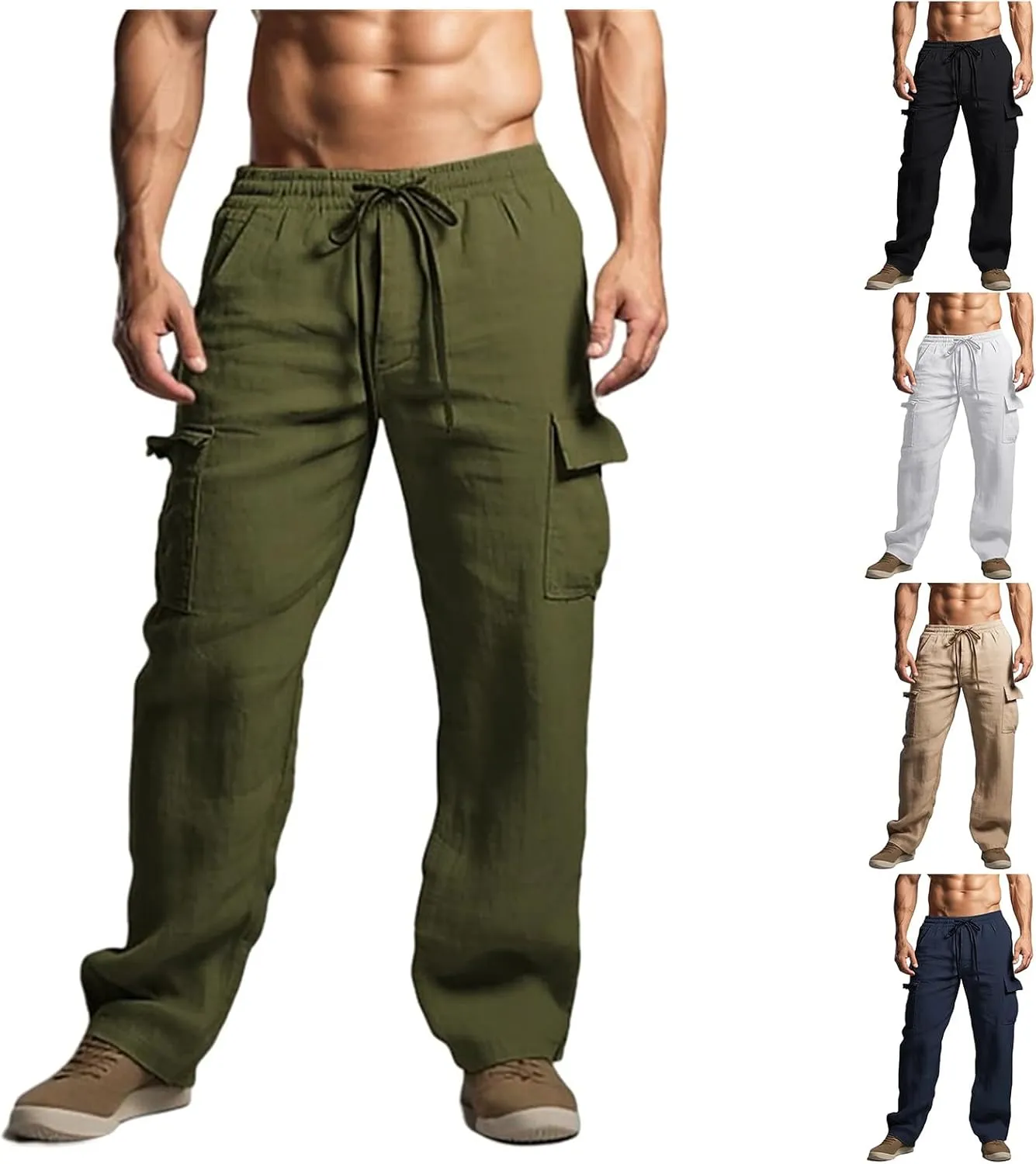 Cotton Linen Pants for Men Casual Elastic Drawstring Cargo Pants Lightweight Open Bottom Thin Trousers with Pockets