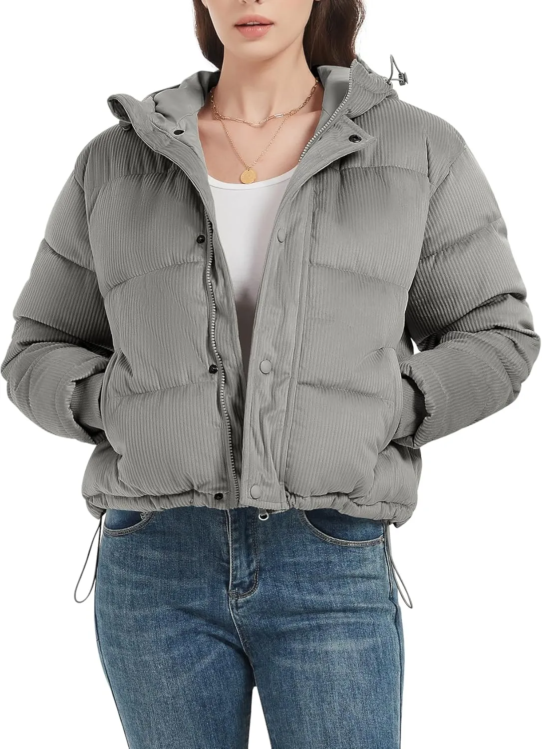 COZYPOIN Women's Winter Puffer Coats Corduroy Down Jacket Quilted Hooded Warm Padded Outerwear