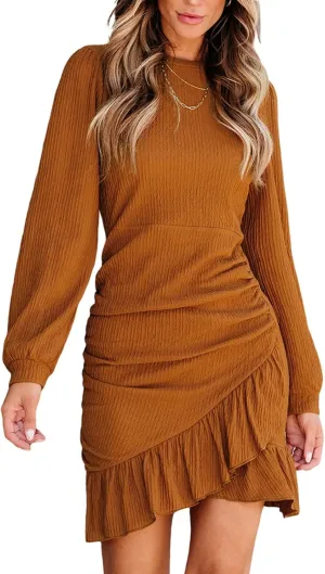 CUPSHE Women Knit Ruched Summer Dress Smocked Ruffle Hem Crew Neck Long Sleeve Bodycon Sexy Casual Holiday Mini Dress