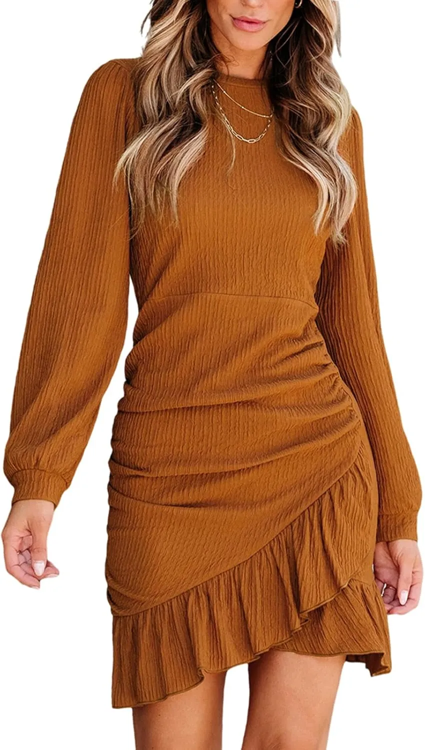 CUPSHE Women Knit Ruched Summer Dress Smocked Ruffle Hem Crew Neck Long Sleeve Bodycon Sexy Casual Holiday Mini Dress