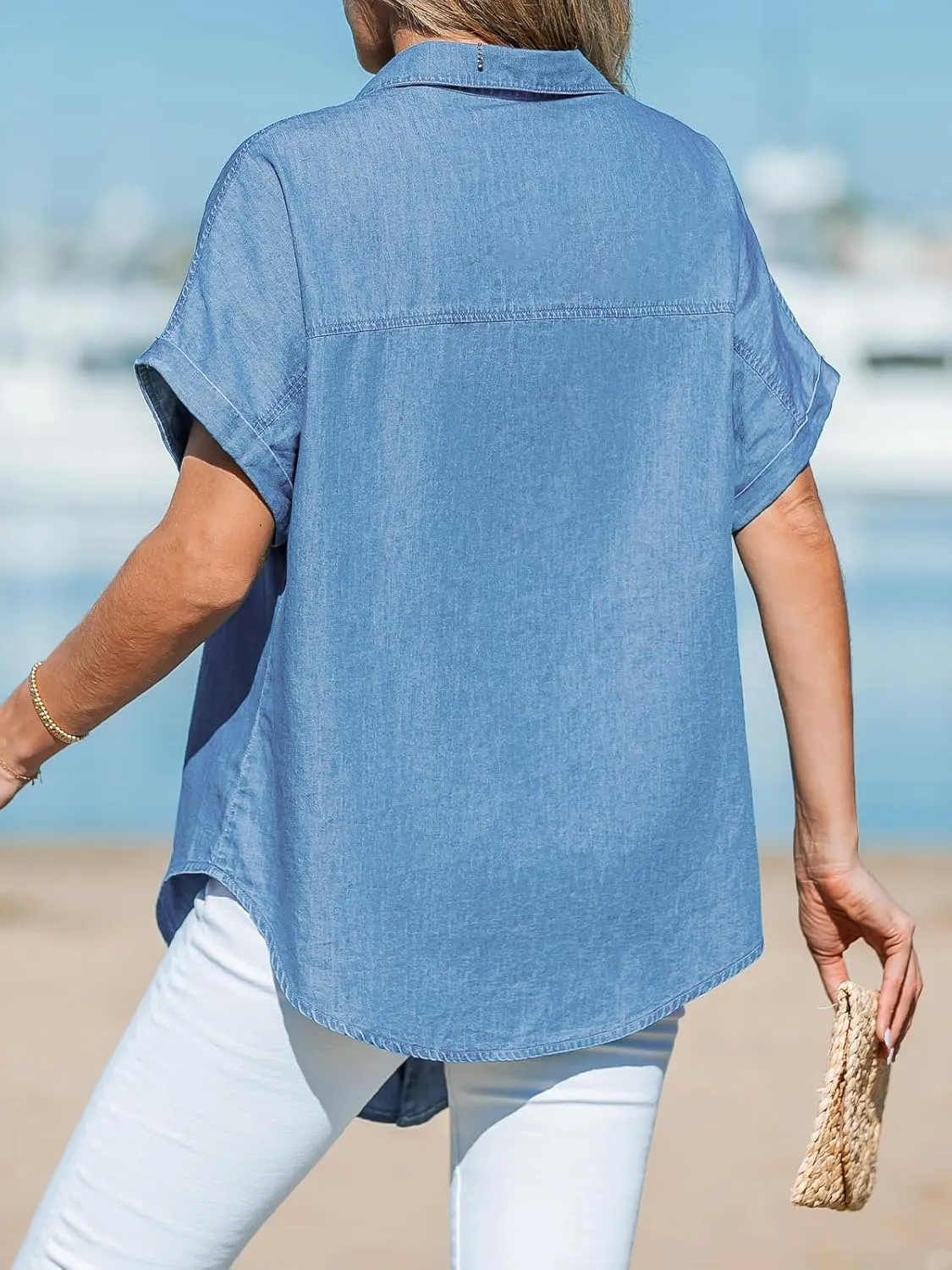 CUPSHE Women Oversized Tops Denim Tie Tee Short Sleeve Button Front Cover Ups with Pocket 2025 Trendy