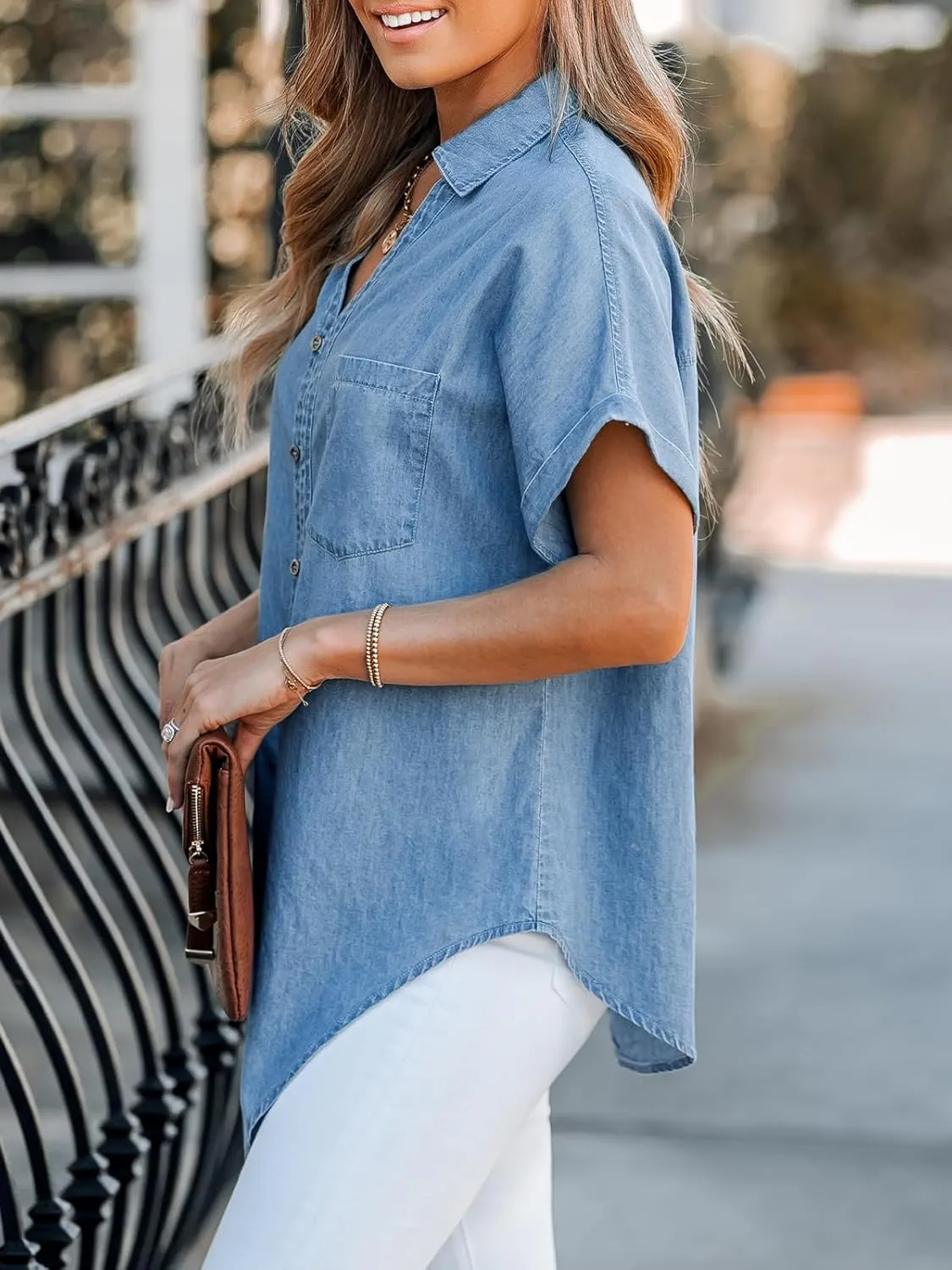 CUPSHE Women Oversized Tops Denim Tie Tee Short Sleeve Button Front Cover Ups with Pocket 2025 Trendy