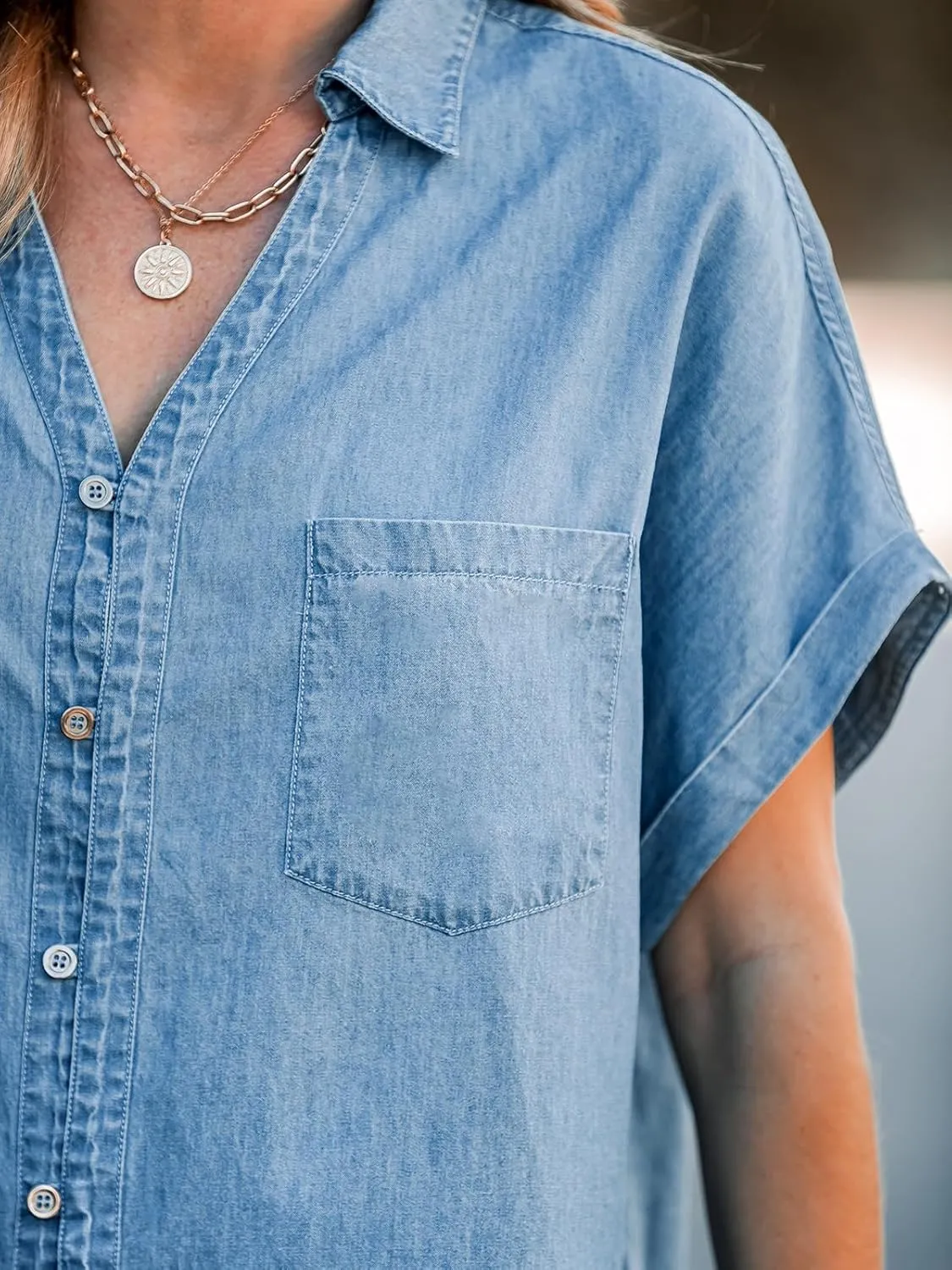 CUPSHE Women Oversized Tops Denim Tie Tee Short Sleeve Button Front Cover Ups with Pocket 2025 Trendy