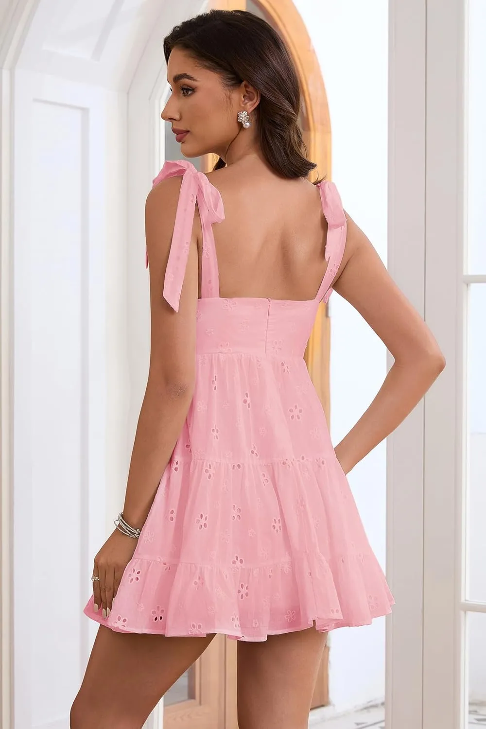 Cute Short Dresses for Women Deep V Neck Empire Waist Sundress Tie Shoulder Tiered A Line Short Mini Dress