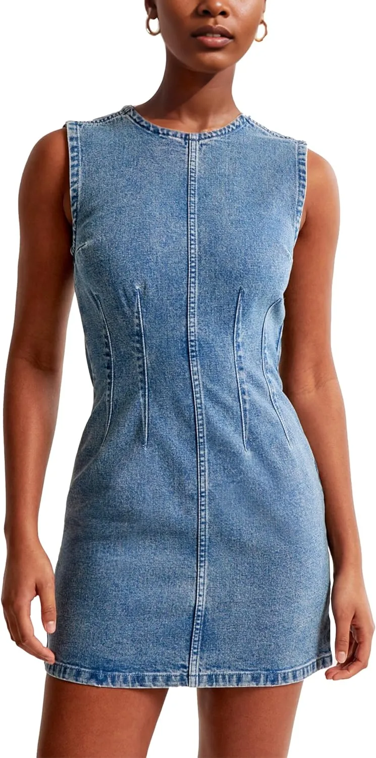 Daacee Womens Sleeveless Bodycon Denim Mini Dress Casual Waist Tucks Zipper Tank Jean Dresses