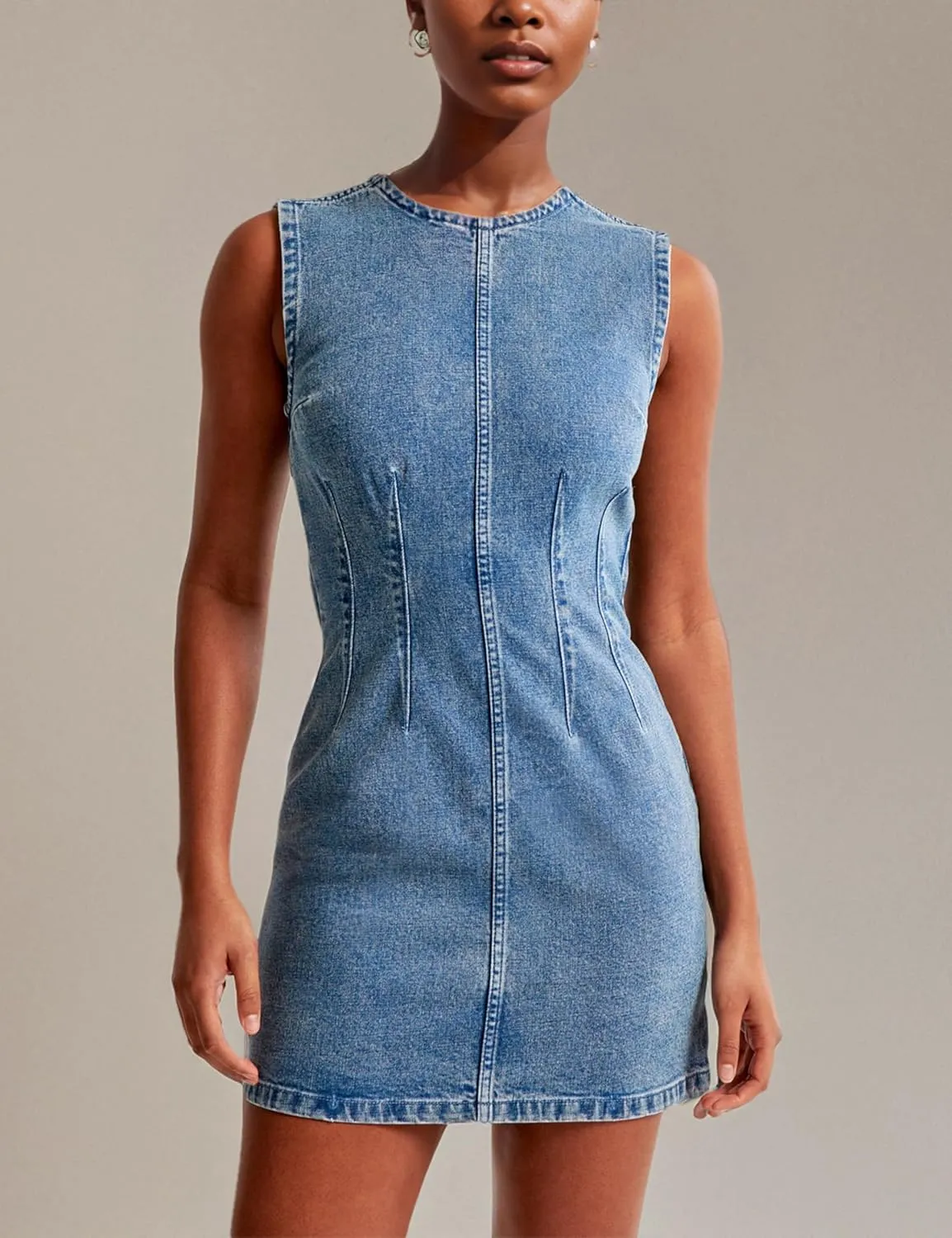 Daacee Womens Sleeveless Bodycon Denim Mini Dress Casual Waist Tucks Zipper Tank Jean Dresses