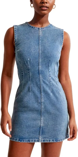 Daacee Womens Sleeveless Bodycon Denim Mini Dress Casual Waist Tucks Zipper Tank Jean Dresses