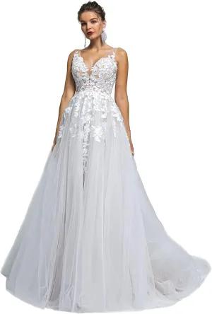 Datangep Spaghetti Chiffon Beach Wedding Dress V Neck A line Bridal Gowns Lace Plus Size Wedding Dress