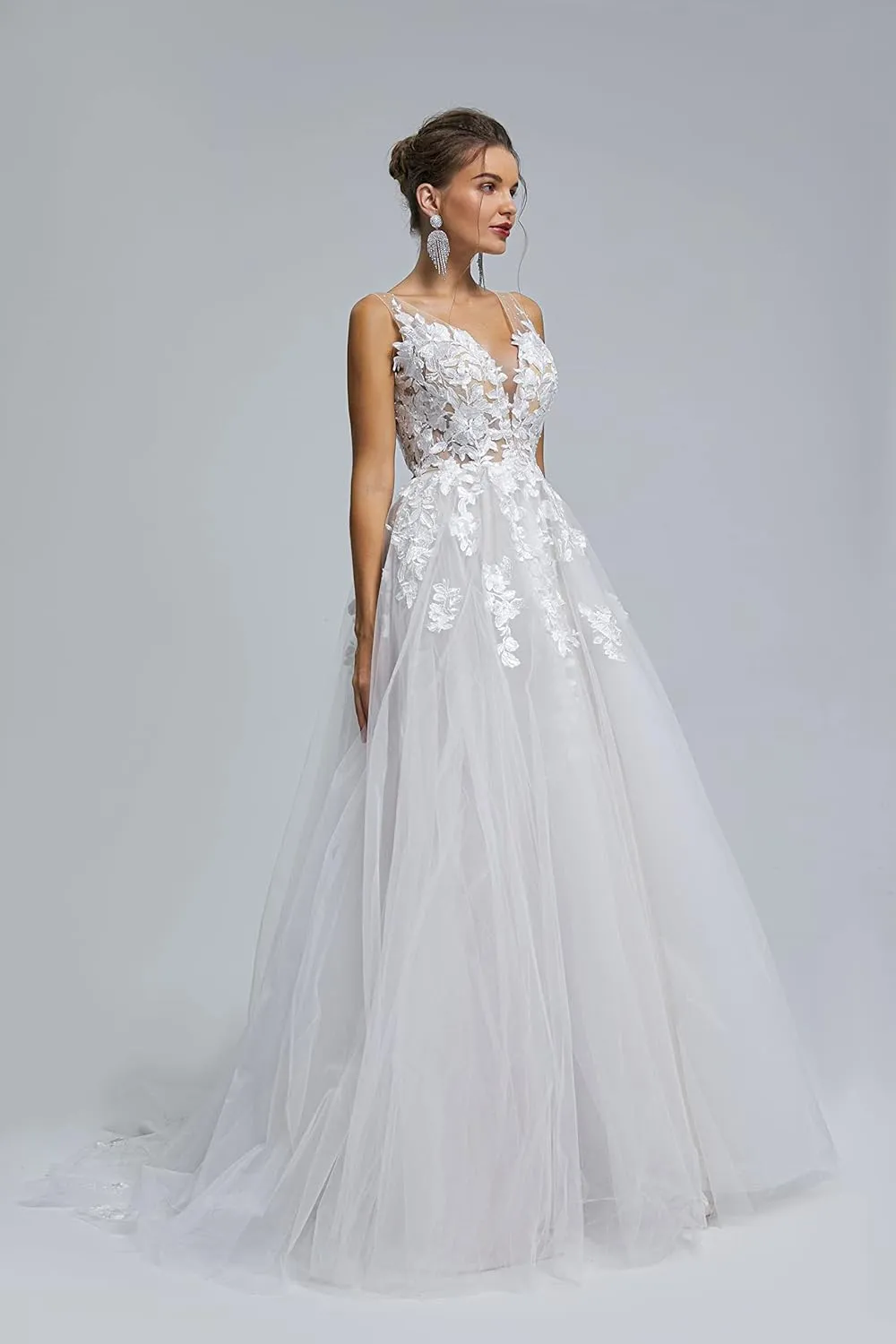 Datangep Spaghetti Chiffon Beach Wedding Dress V Neck A line Bridal Gowns Lace Plus Size Wedding Dress