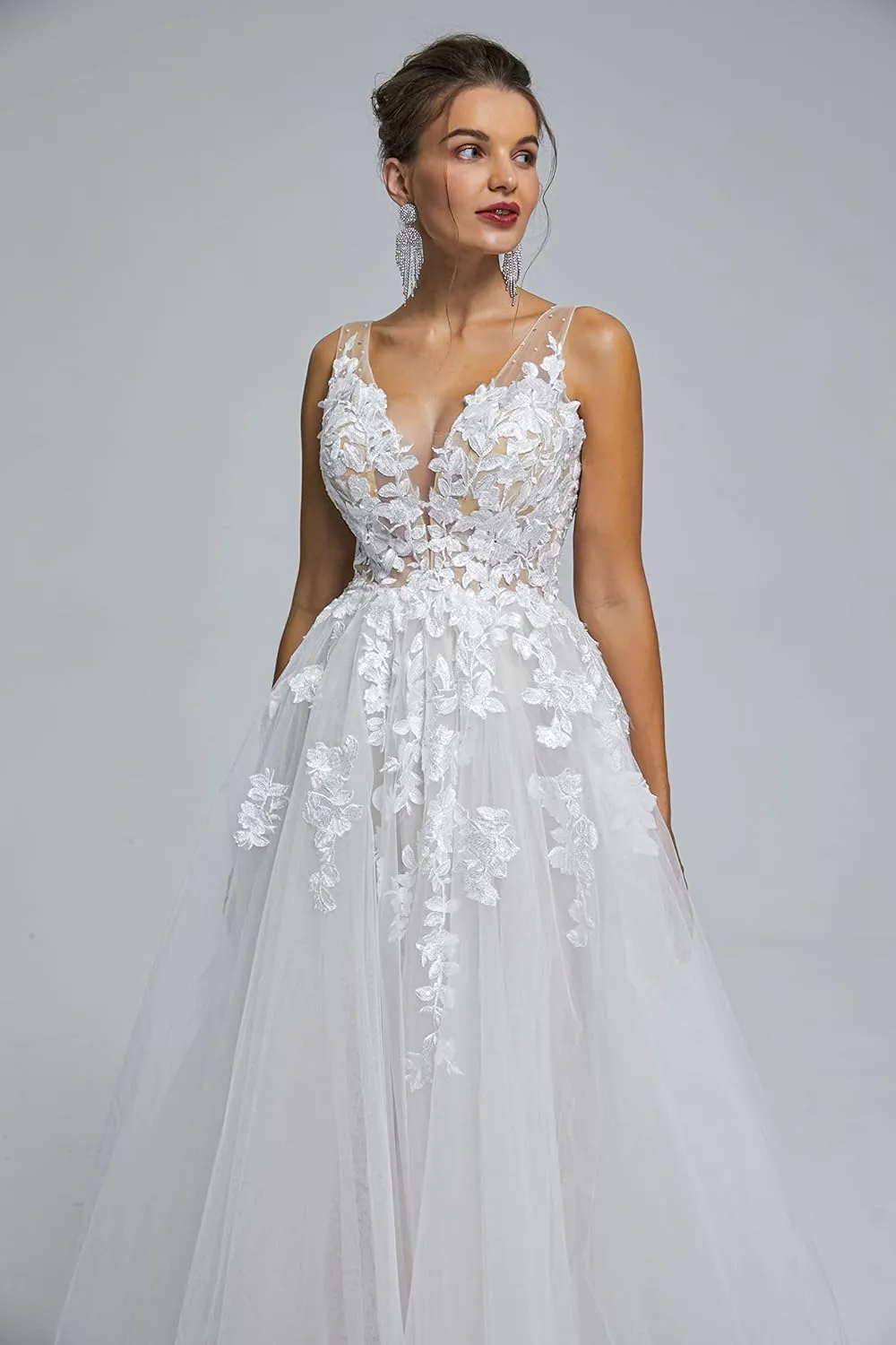Datangep Spaghetti Chiffon Beach Wedding Dress V Neck A line Bridal Gowns Lace Plus Size Wedding Dress