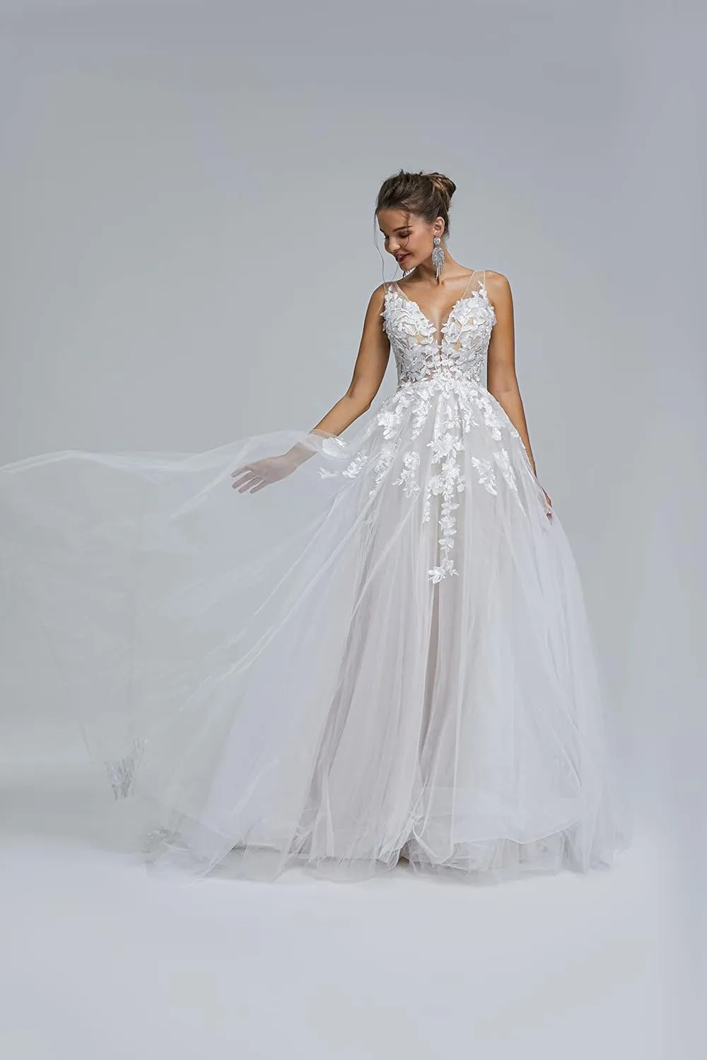 Datangep Spaghetti Chiffon Beach Wedding Dress V Neck A line Bridal Gowns Lace Plus Size Wedding Dress