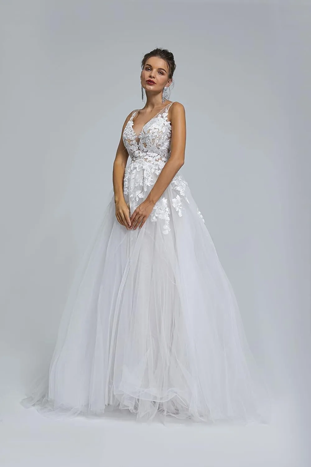Datangep Spaghetti Chiffon Beach Wedding Dress V Neck A line Bridal Gowns Lace Plus Size Wedding Dress