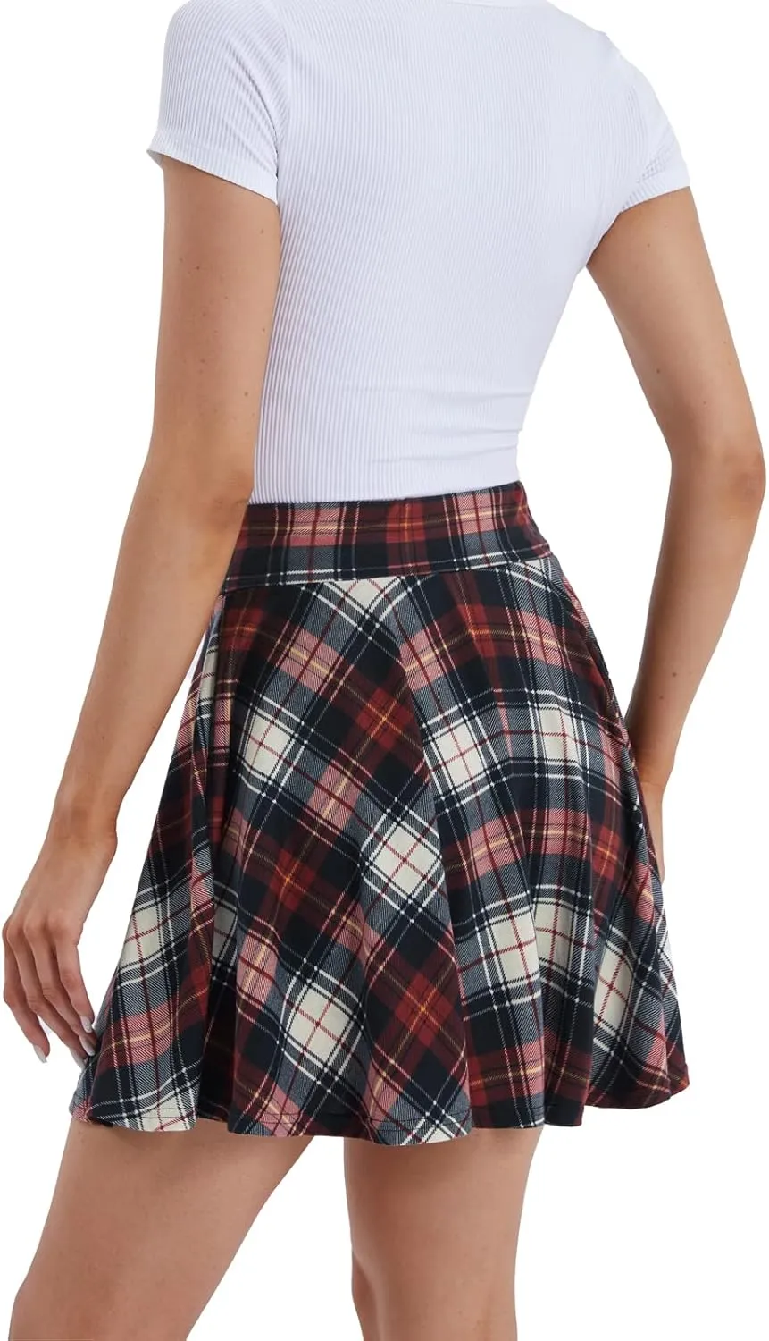 DJT Women Plaid Skirts Soft Stretchy High Waist Flared A-Line Mini Skater Skirt with Shorts