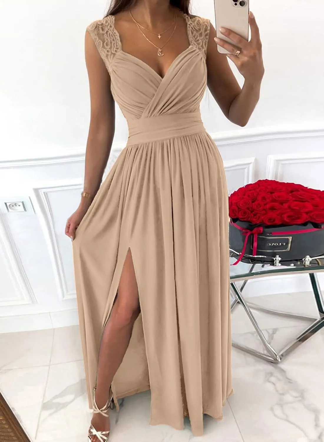 Dokotoo Womens 2025 Formal Dresses Wrap V-Neck Ruched Sexy Bridesmaid Wedding Guest Maxi Dresses