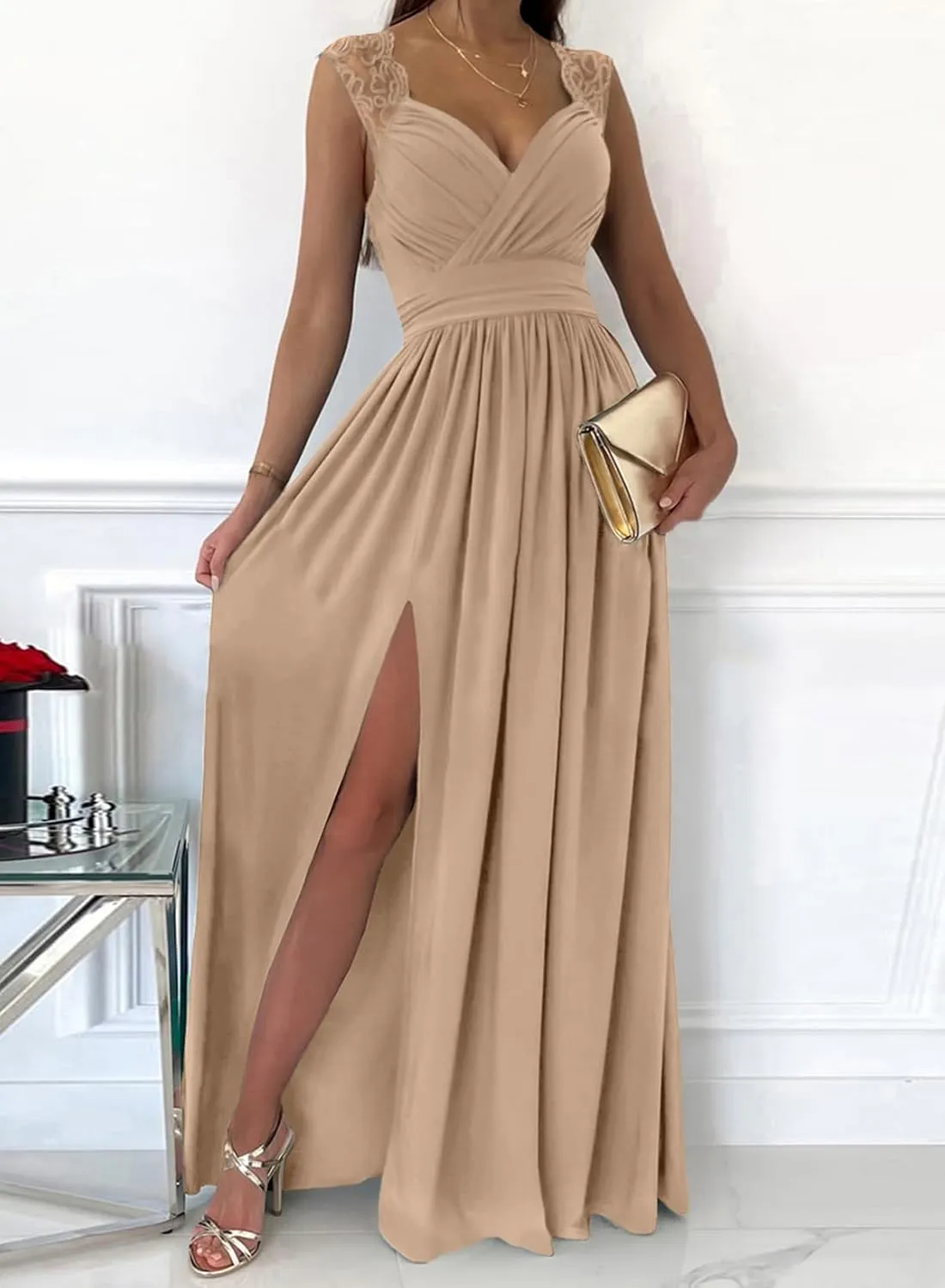 Dokotoo Womens 2025 Formal Dresses Wrap V-Neck Ruched Sexy Bridesmaid Wedding Guest Maxi Dresses