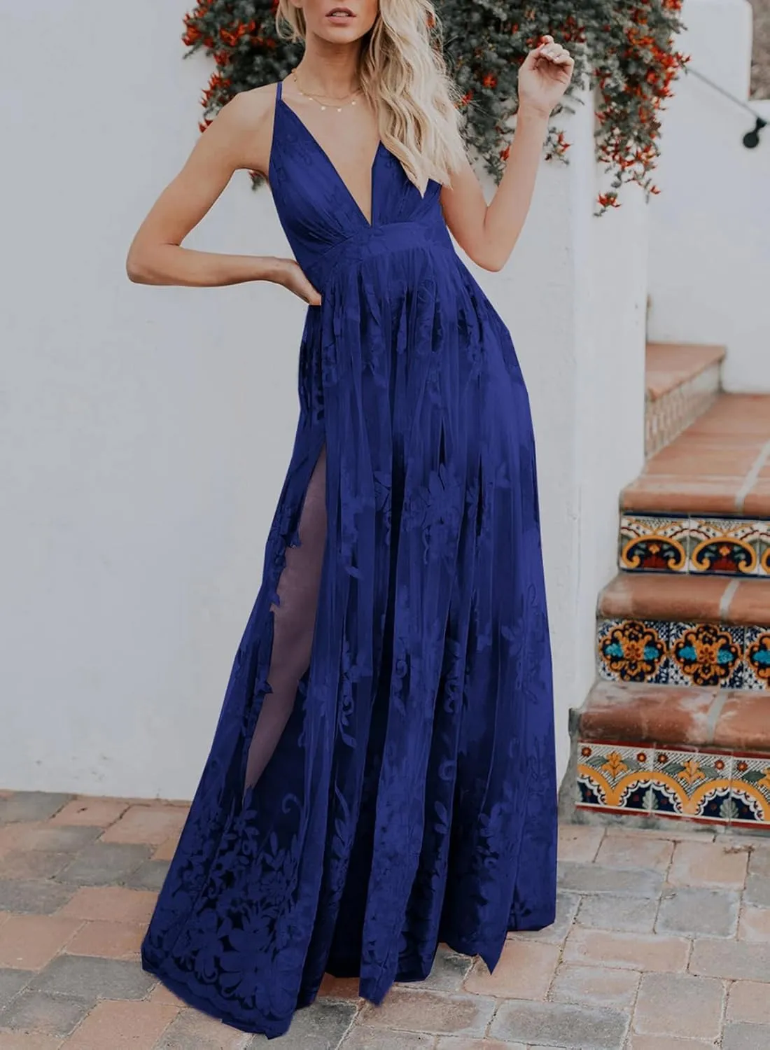 Dokotoo Womens Formal Dresses Deep V-Neck Embroidered Lace Mesh Evening Party Prom Dress Long Wedding Dress
