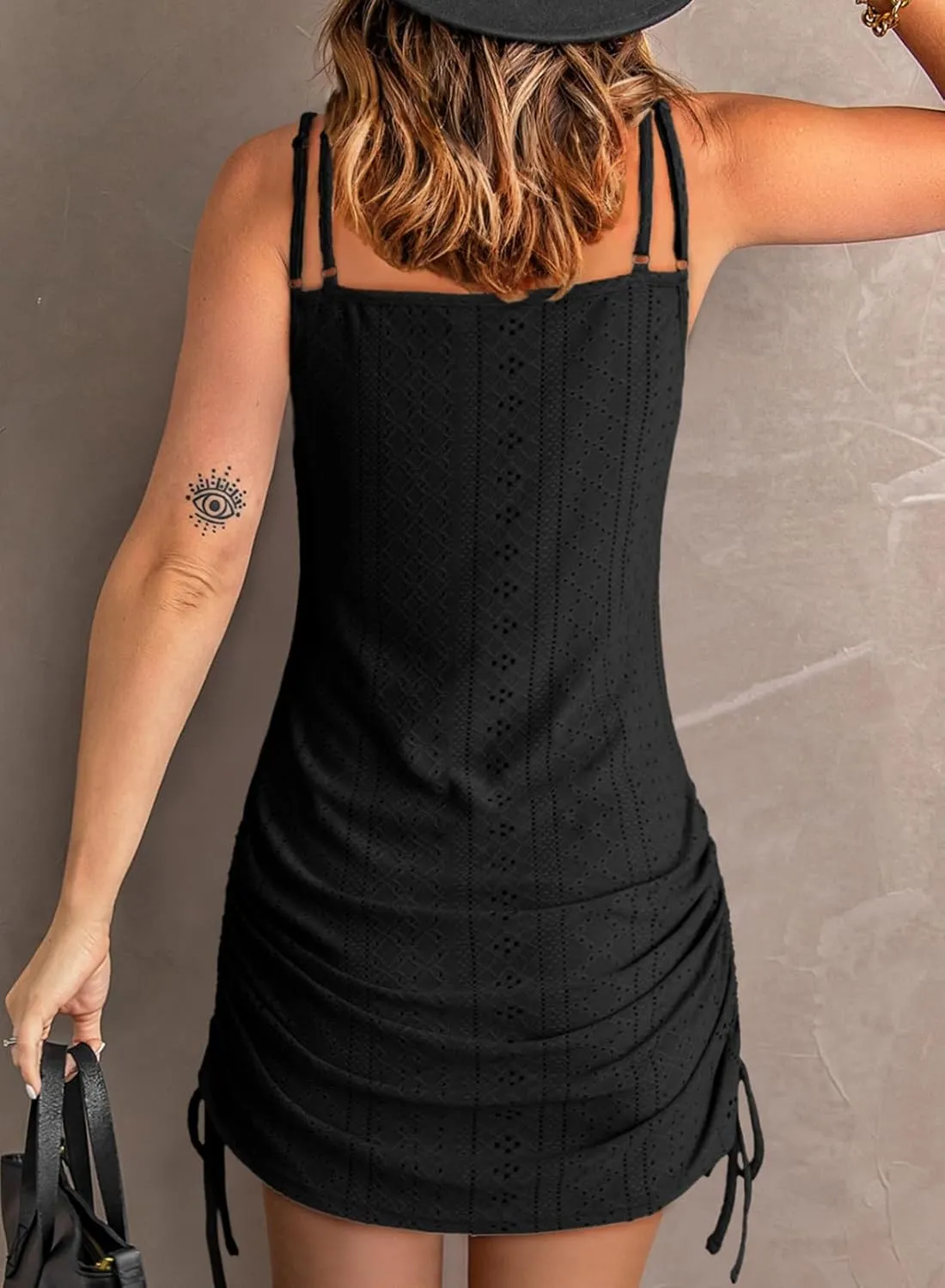Dokotoo Women's Hollow Out Cover Up Swimwear Beachwear Double Shoulder Straps Sleeveless Mini Dress Drawstring Beach Dress