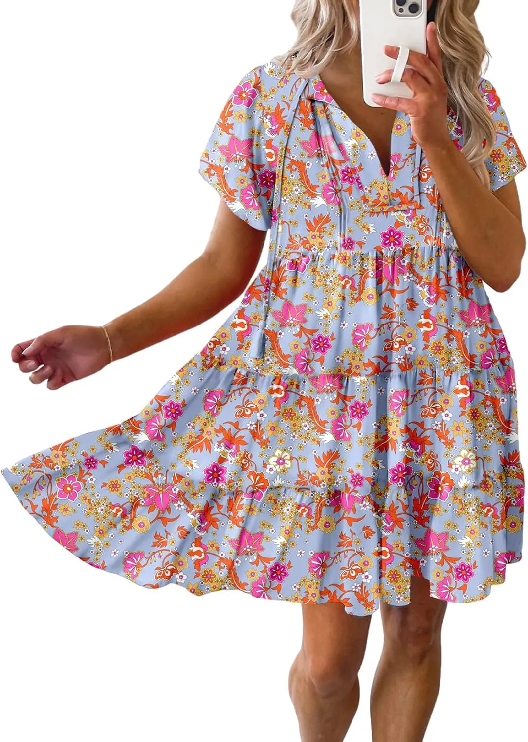 Dokotoo Womens Summer Casual Boho Floral Dresses V Neck Short Sleeve Sundresses Flowy Swing A-Line Mini Dress