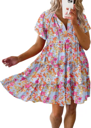 Dokotoo Womens Summer Casual Boho Floral Dresses V Neck Short Sleeve Sundresses Flowy Swing A-Line Mini Dress