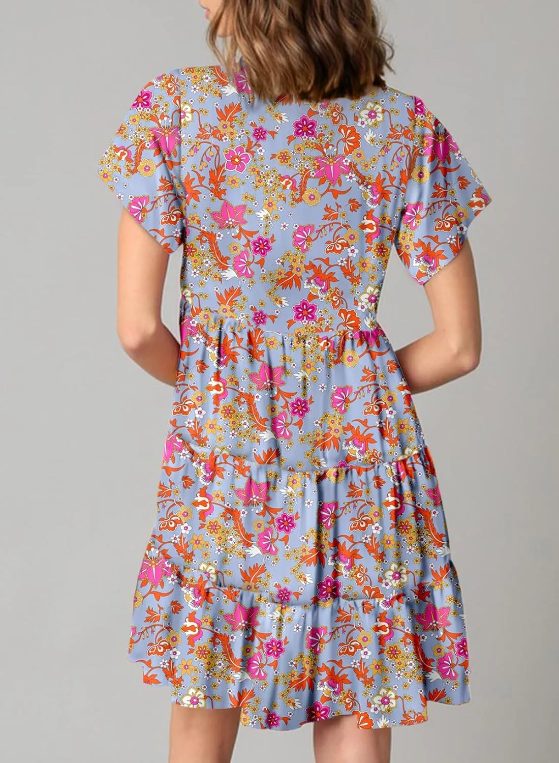 Dokotoo Womens Summer Casual Boho Floral Dresses V Neck Short Sleeve Sundresses Flowy Swing A-Line Mini Dress