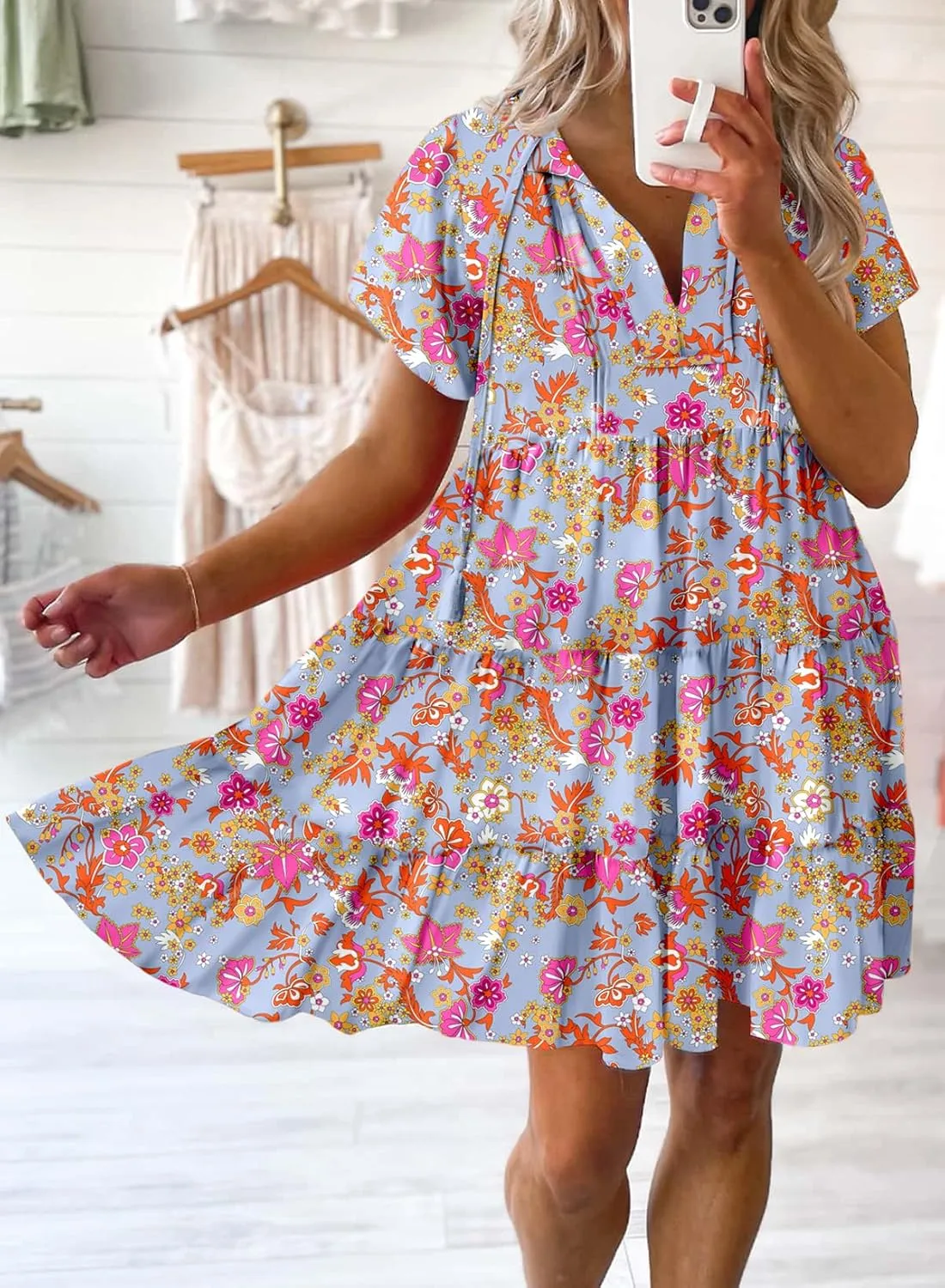 Dokotoo Womens Summer Casual Boho Floral Dresses V Neck Short Sleeve Sundresses Flowy Swing A-Line Mini Dress