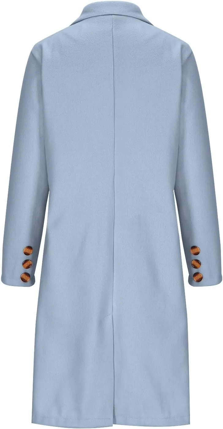 Double Breasted Peacoat for Women Winter Trendy Elegant Notched Lapel Wool Blend Trench Coat Knee Length Long Coat