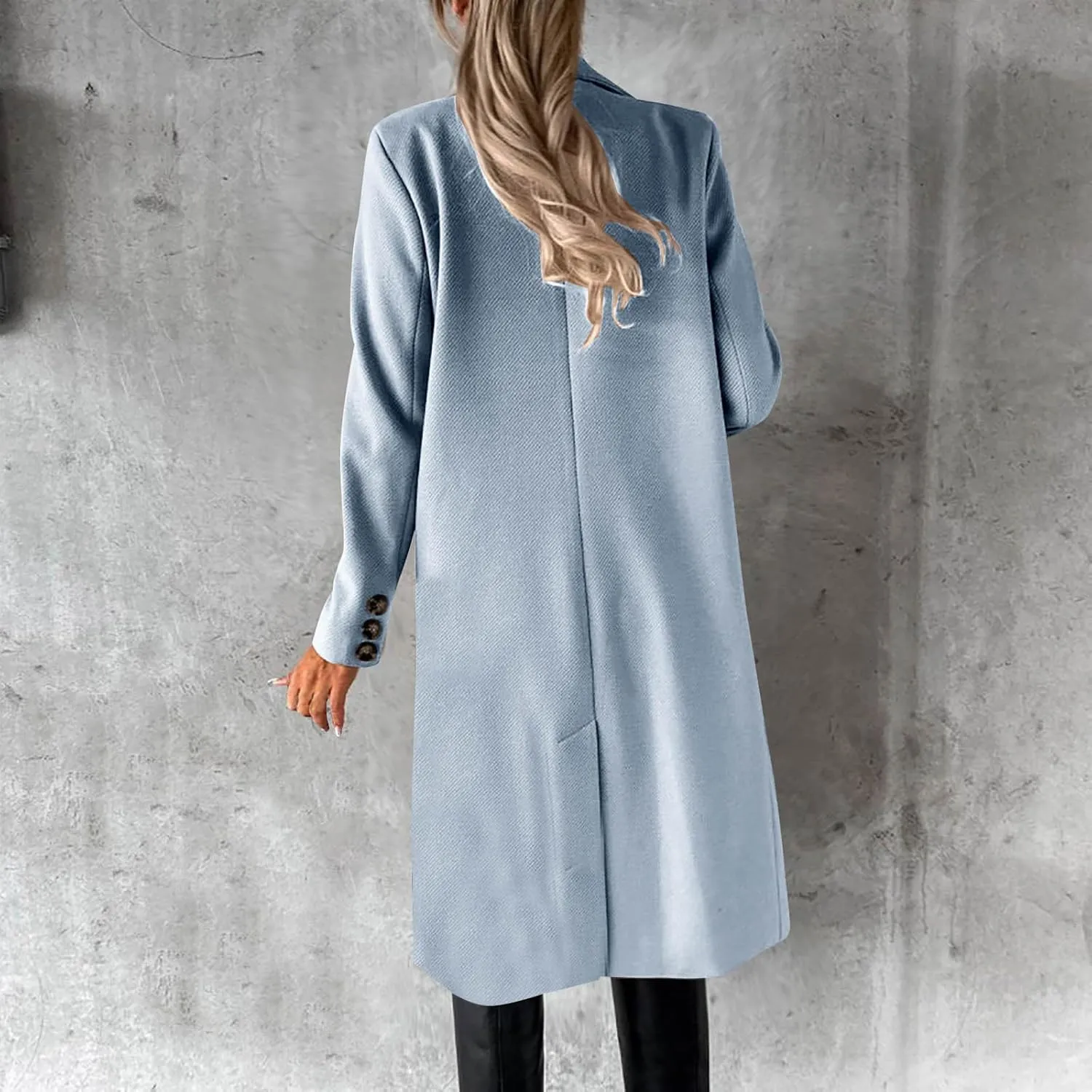 Double Breasted Peacoat for Women Winter Trendy Elegant Notched Lapel Wool Blend Trench Coat Knee Length Long Coat