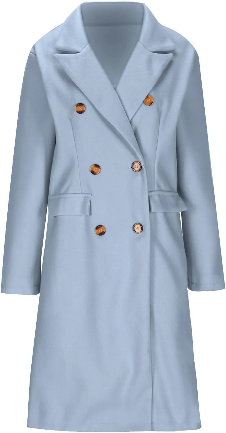 Double Breasted Peacoat for Women Winter Trendy Elegant Notched Lapel Wool Blend Trench Coat Knee Length Long Coat