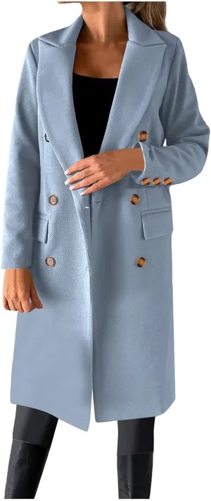 Double Breasted Peacoat for Women Winter Trendy Elegant Notched Lapel Wool Blend Trench Coat Knee Length Long Coat