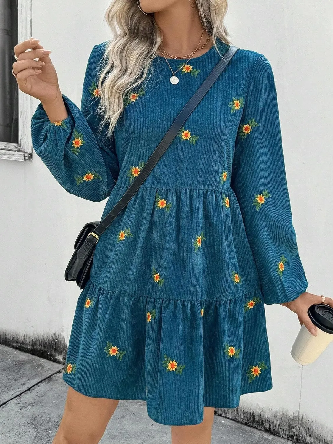 Dresses for Women Fashion Floral Embroidery Ruffle Hem Lantern Sleeve Round Neck Dress Trendy Mini Short Dress