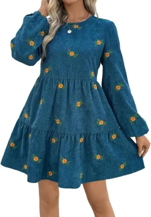 Dresses for Women Fashion Floral Embroidery Ruffle Hem Lantern Sleeve Round Neck Dress Trendy Mini Short Dress