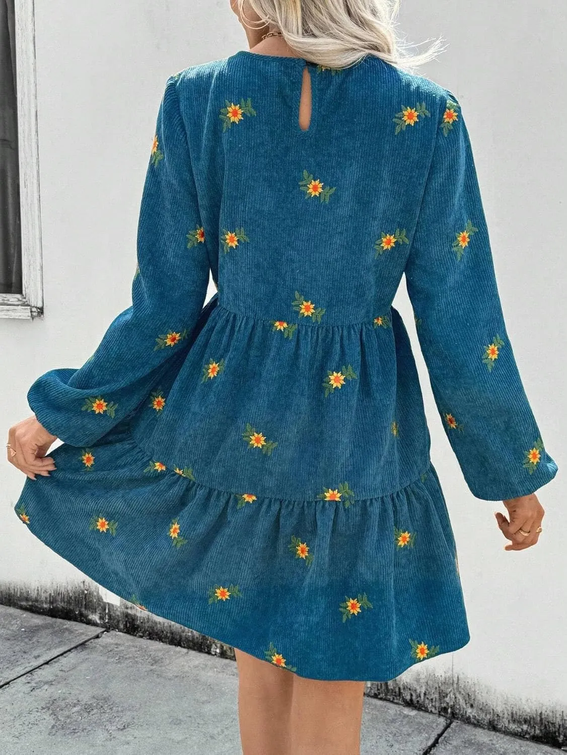 Dresses for Women Fashion Floral Embroidery Ruffle Hem Lantern Sleeve Round Neck Dress Trendy Mini Short Dress