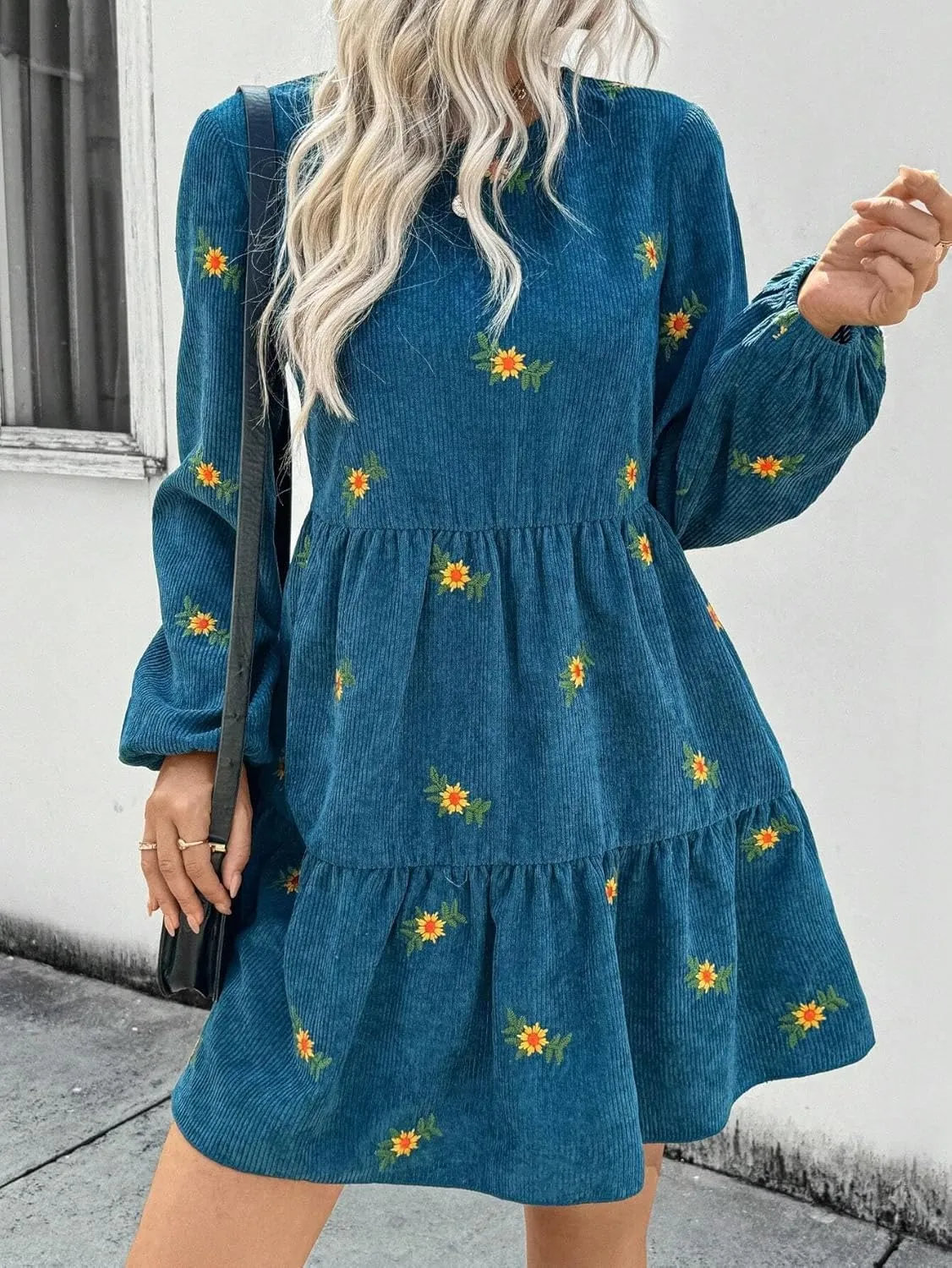 Dresses for Women Fashion Floral Embroidery Ruffle Hem Lantern Sleeve Round Neck Dress Trendy Mini Short Dress