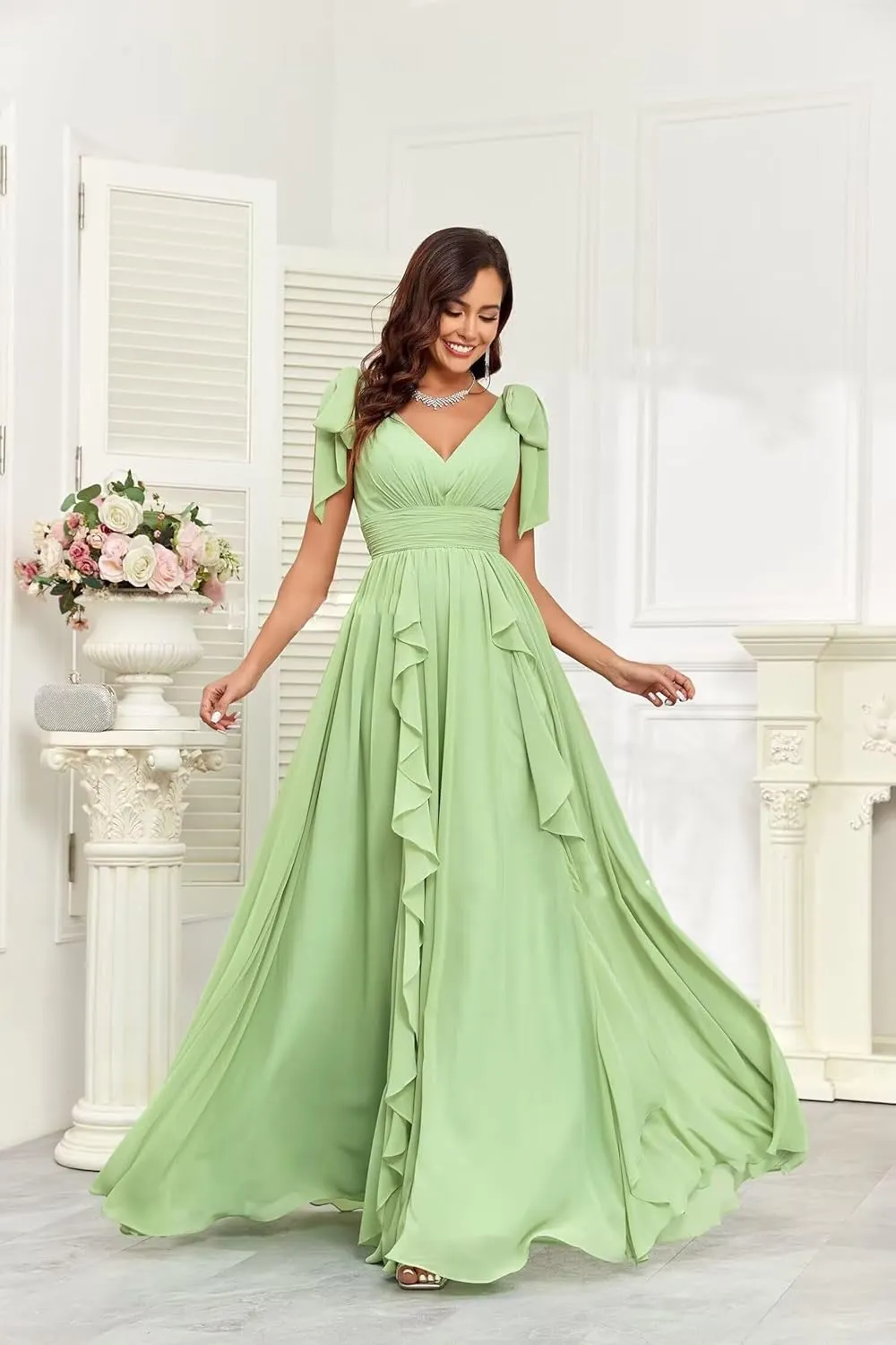 Elegant Long Chiffon Bridesmaid Dress V-Neck Formal Wedding Guest Gown with Ruffles Evening Dress for Women