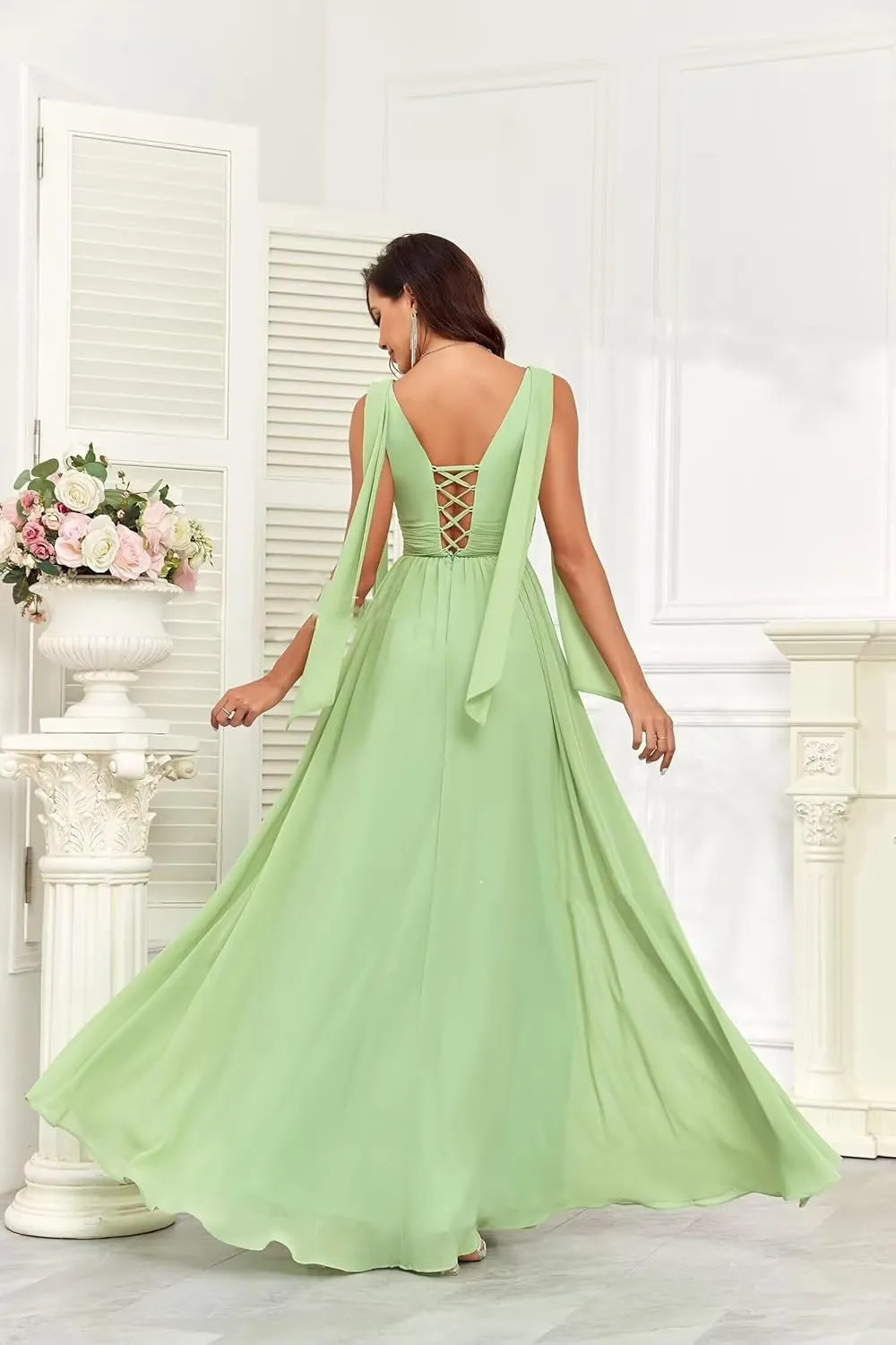 Elegant Long Chiffon Bridesmaid Dress V-Neck Formal Wedding Guest Gown with Ruffles Evening Dress for Women