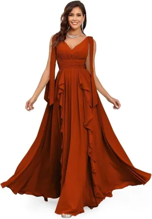 Elegant Long Chiffon Bridesmaid Dress V-Neck Formal Wedding Guest Gown with Ruffles Evening Dress for Women