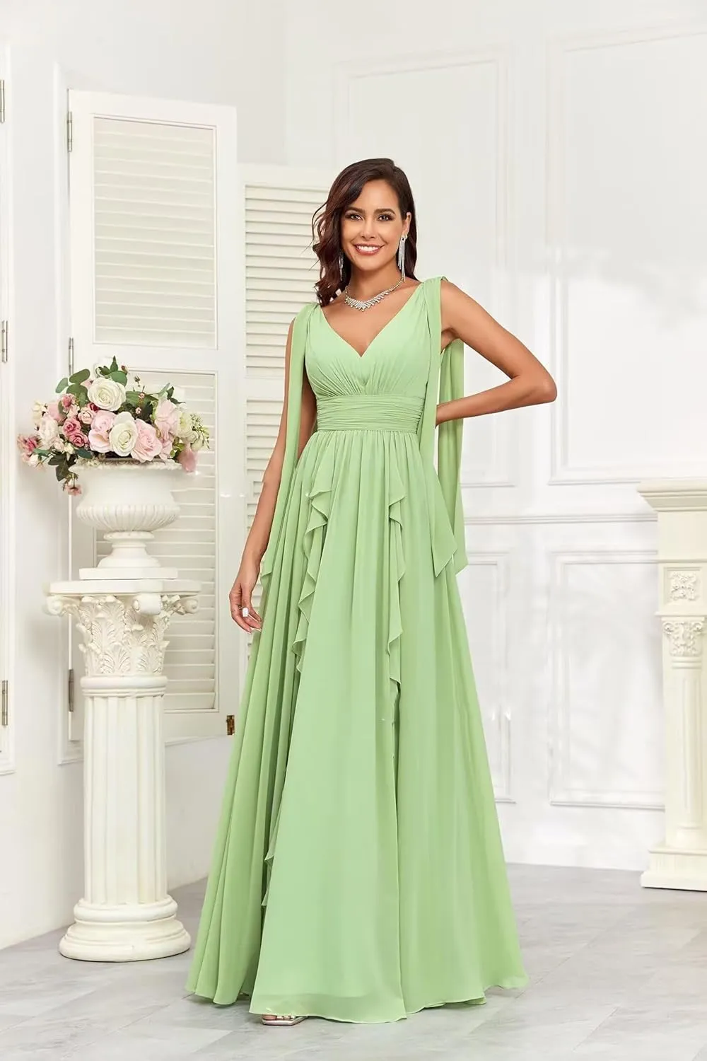 Elegant Long Chiffon Bridesmaid Dress V-Neck Formal Wedding Guest Gown with Ruffles Evening Dress for Women