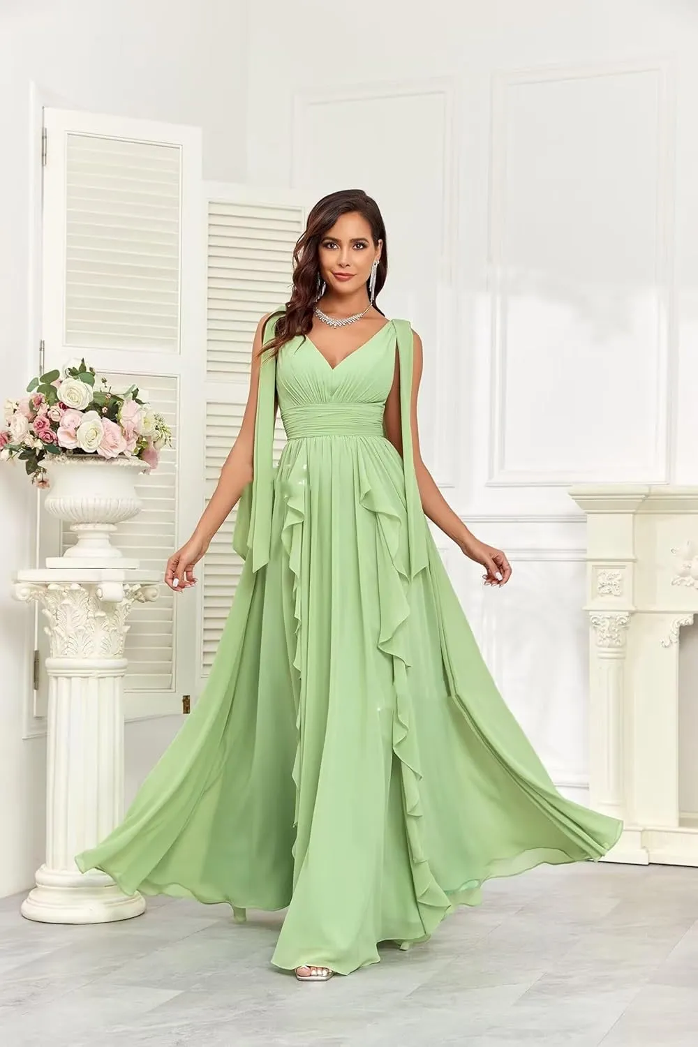 Elegant Long Chiffon Bridesmaid Dress V-Neck Formal Wedding Guest Gown with Ruffles Evening Dress for Women
