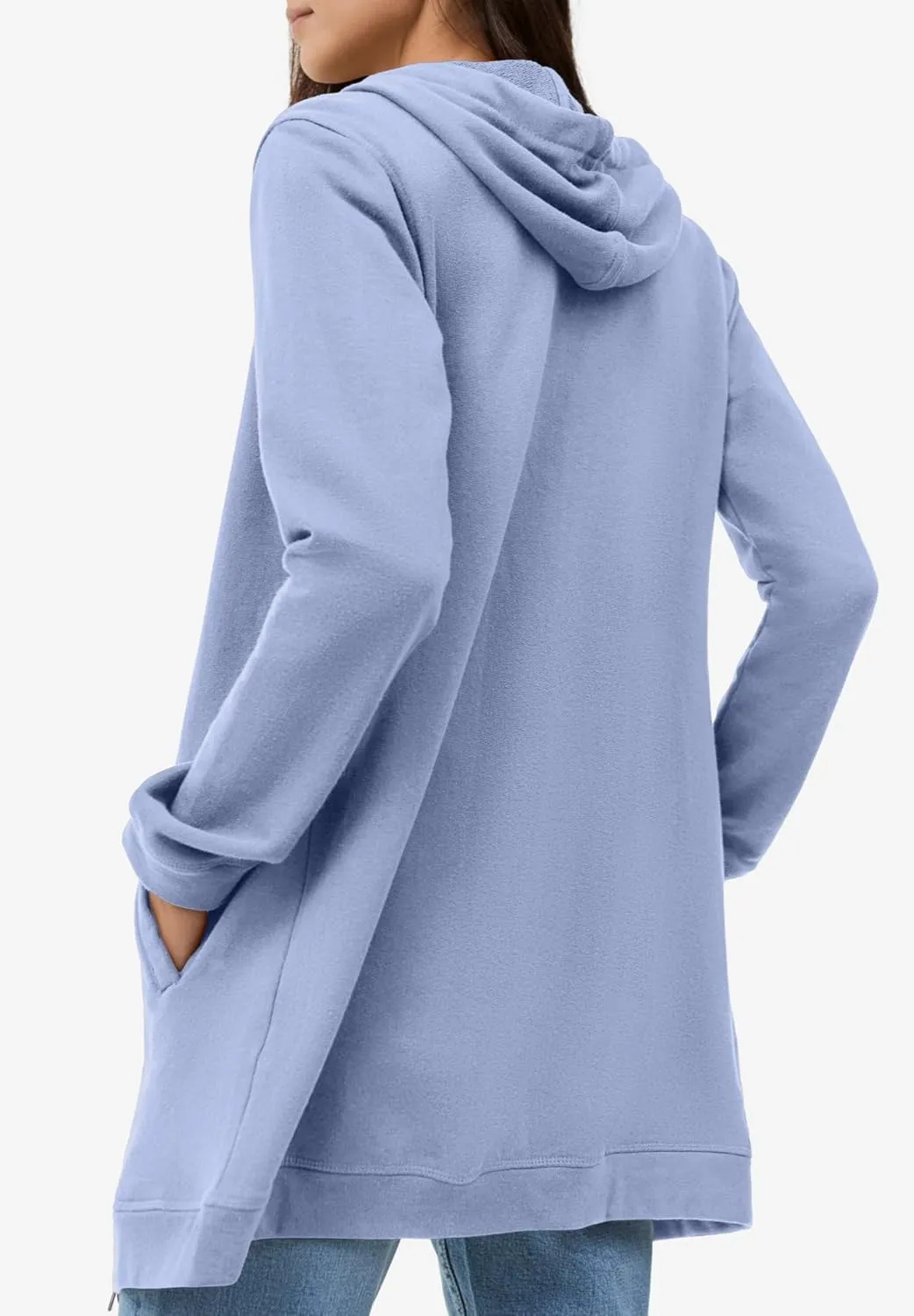 ellos Women's Plus Size Long Zip Front Hoodie French Terry Long Oversized Lightweight Jacket